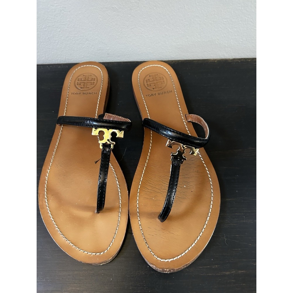 Tory Burch US 7.5 Black Leather Gold T Logo Thong Flip Flop Sandal Shoes